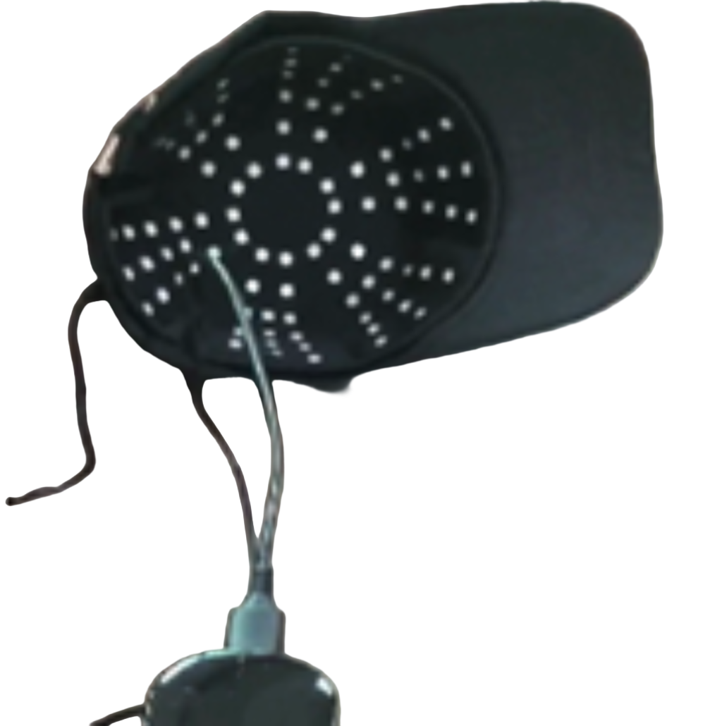 Black red light hat with a white star pattern on a white background