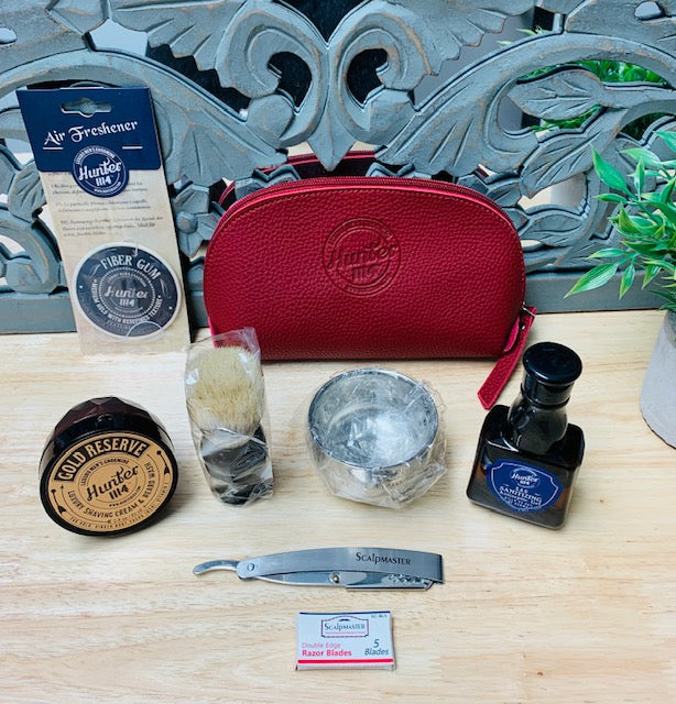 HUNTER 1114-Amenity Red Bag Air Refresher Gold Reserve Shaving Cream/Beard Wash 100ml Shaving Brush Shaving Bowl Hand Sanitizer 100ml Deluxe Straight Razor + 5 Blades