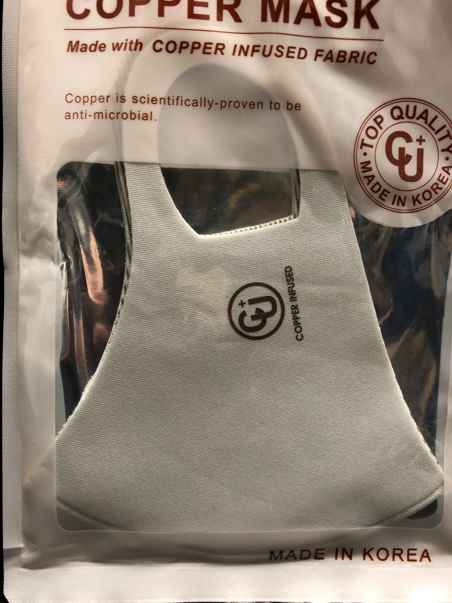 Copper infused fabric Copper is scientifically proven to be anti-microbial Top Quality Uv protection Antibacterial Cooling Reusable, washable Deodorization V fitting Hand wash with warm water & air dry. Do not machine wash.