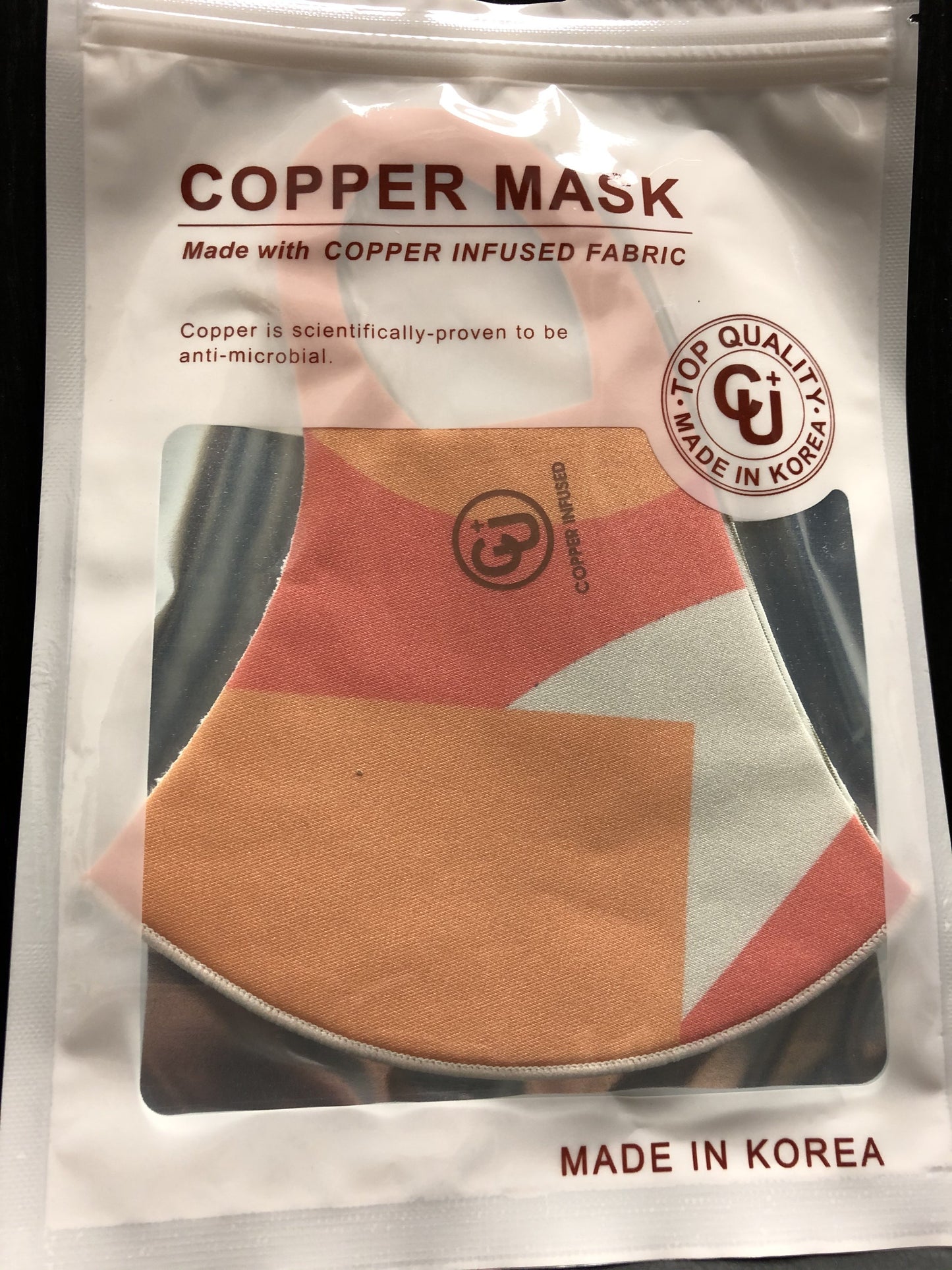 Copper infused fabric Copper is scientifically proven to be anti-microbial Top Quality Uv protection Antibacterial Cooling Reusable, washable Deodorization V fitting Hand wash with warm water & air dry. Do not machine wash.