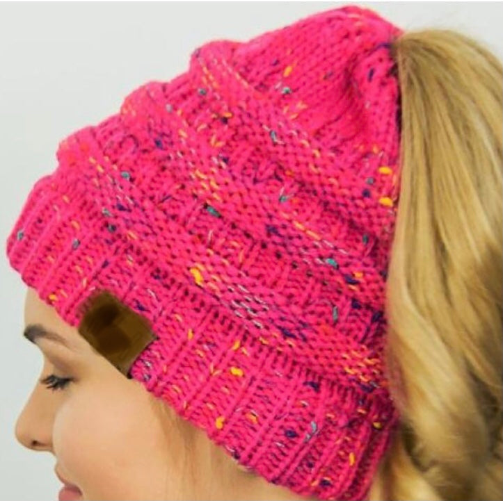 KNITTED BEANIE : Knitted ponytail toque (assorted colors) speckled or solid colors winter hat request color: mustard yellow, grey, light grey, taupe, tan, pink, hot pink, teal, turquoise, red, off white, purple, grape, burgundy, brown, emerald green, coral...
