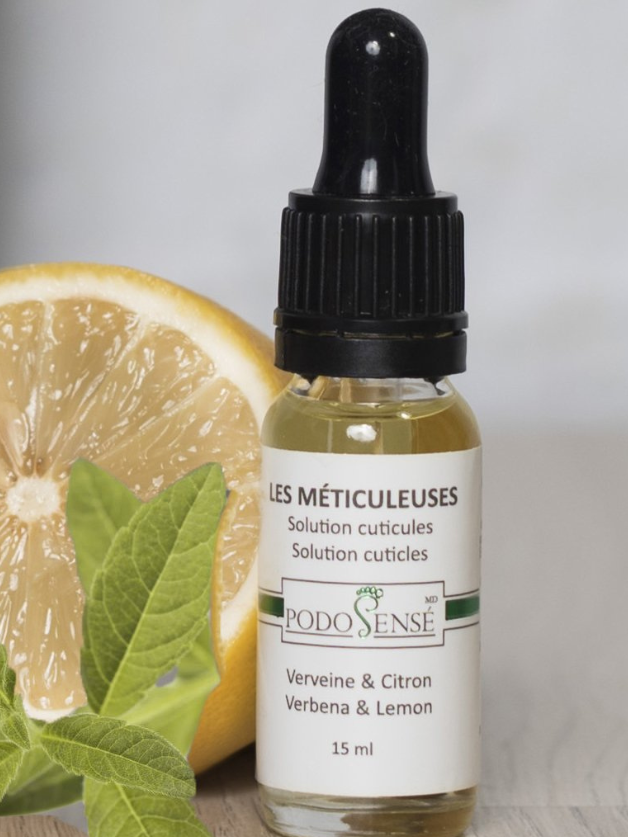 Lemon and verbena cudicle solution bottle by Podosense.