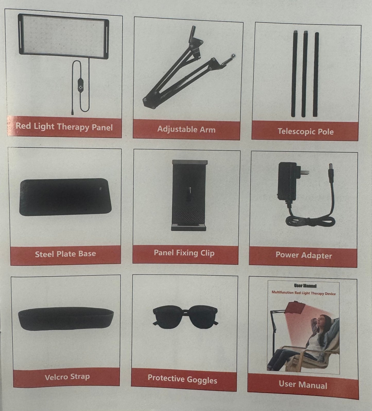 List of components for a red light therapy device on a white background