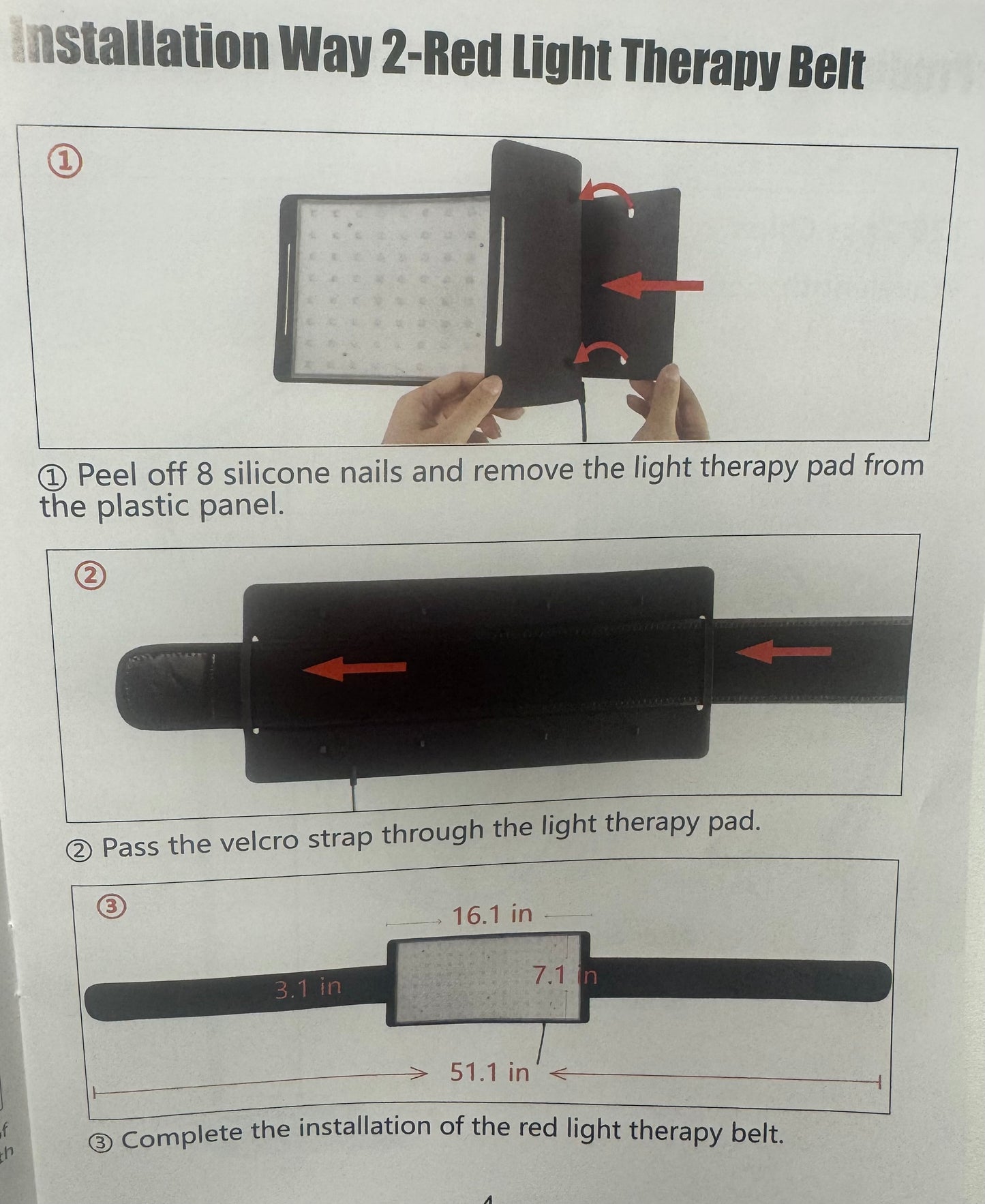 Instructions for installing a red light therapy belt with diagrams and text.