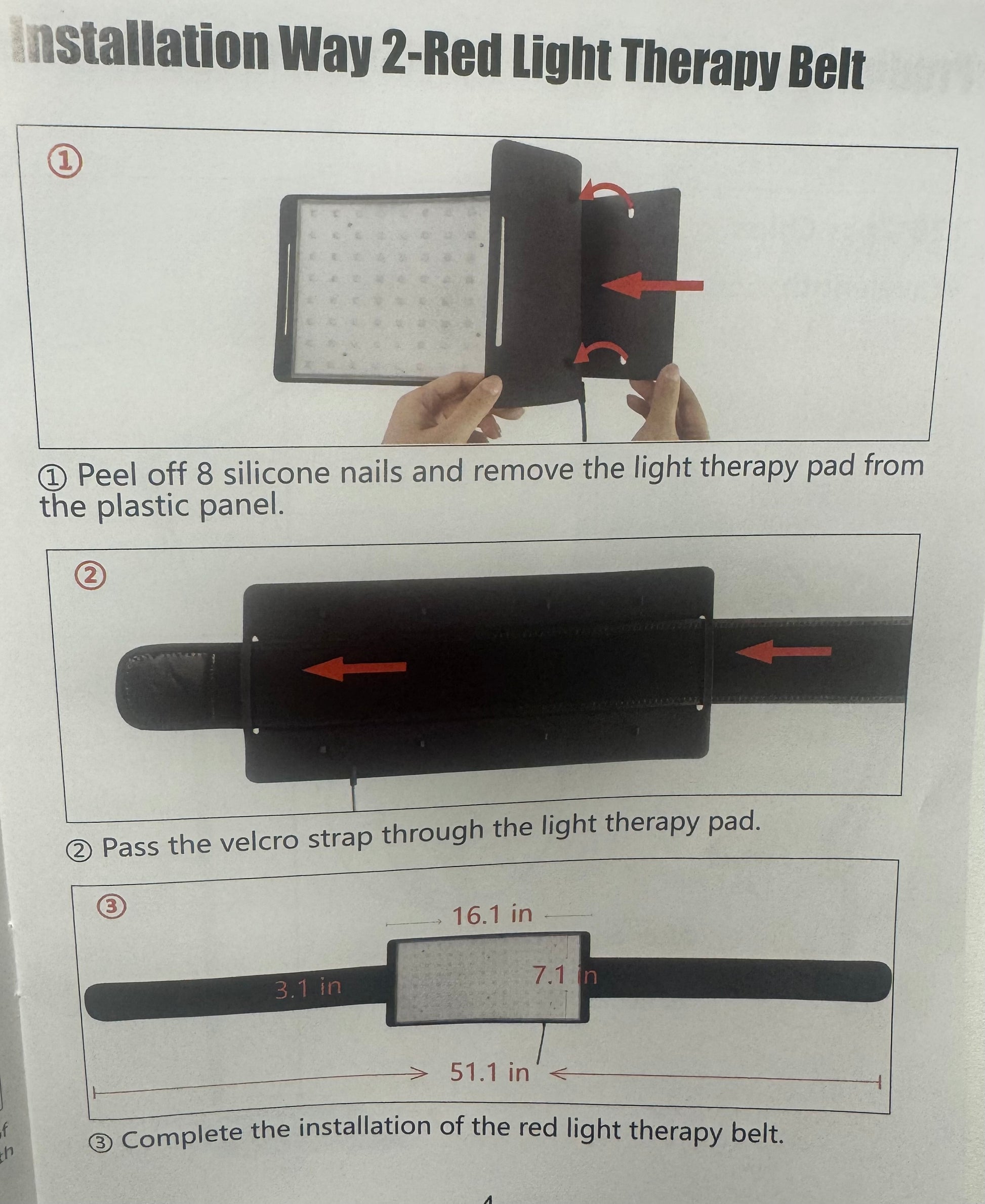 Instructions for installing a red light therapy belt with diagrams and text.