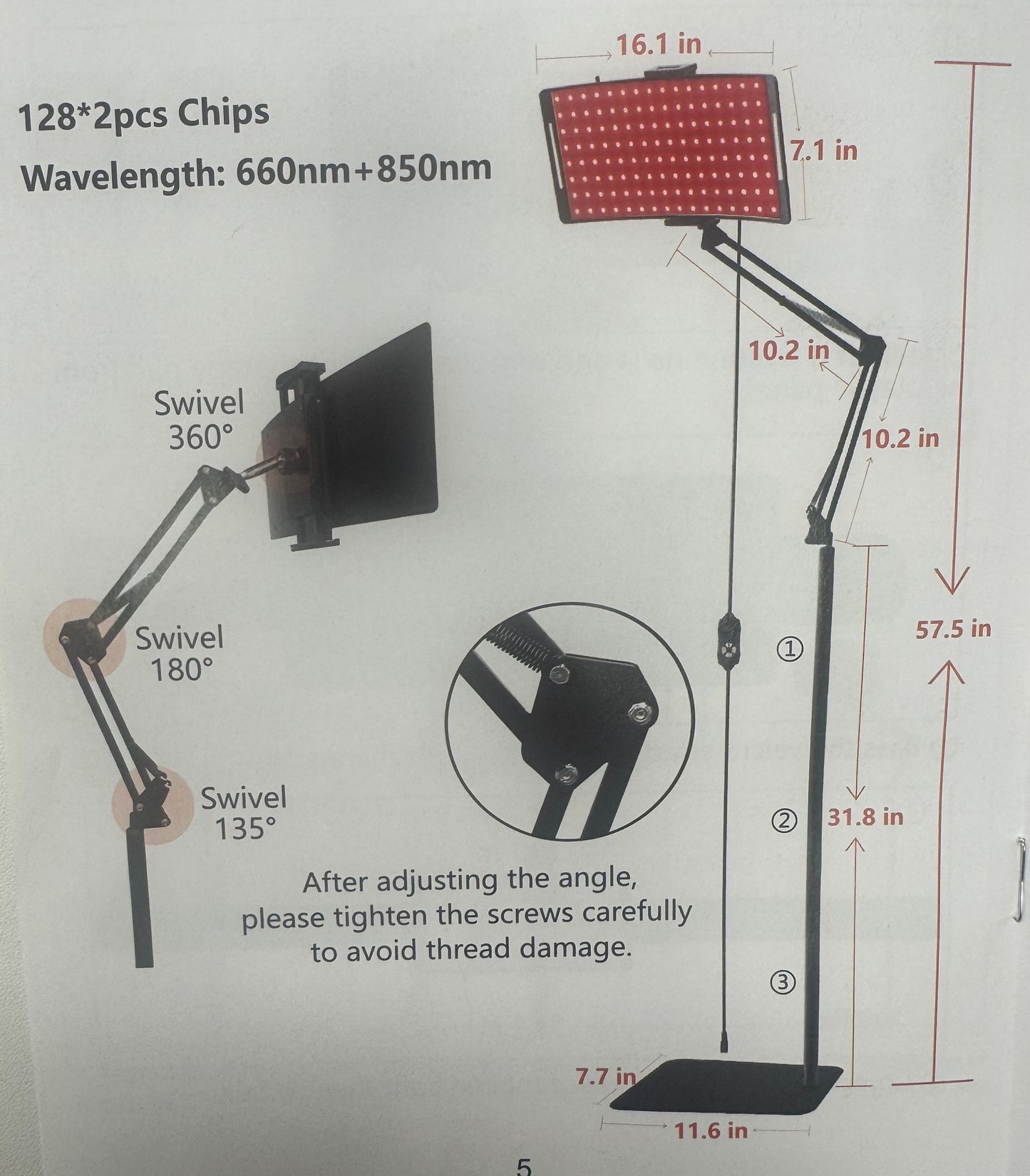 Red light panel with adjustable arm and swivel features, dimensions, and technical specifications on a white background.