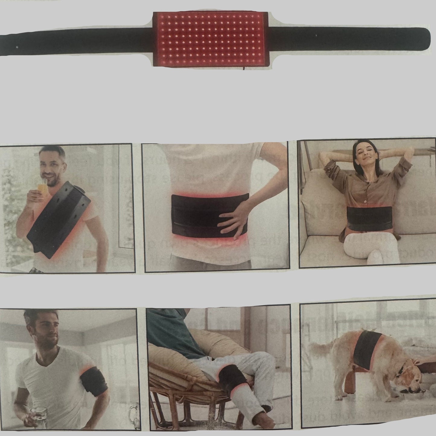 Black belt with red LED light worn by people and a dog in various settings.