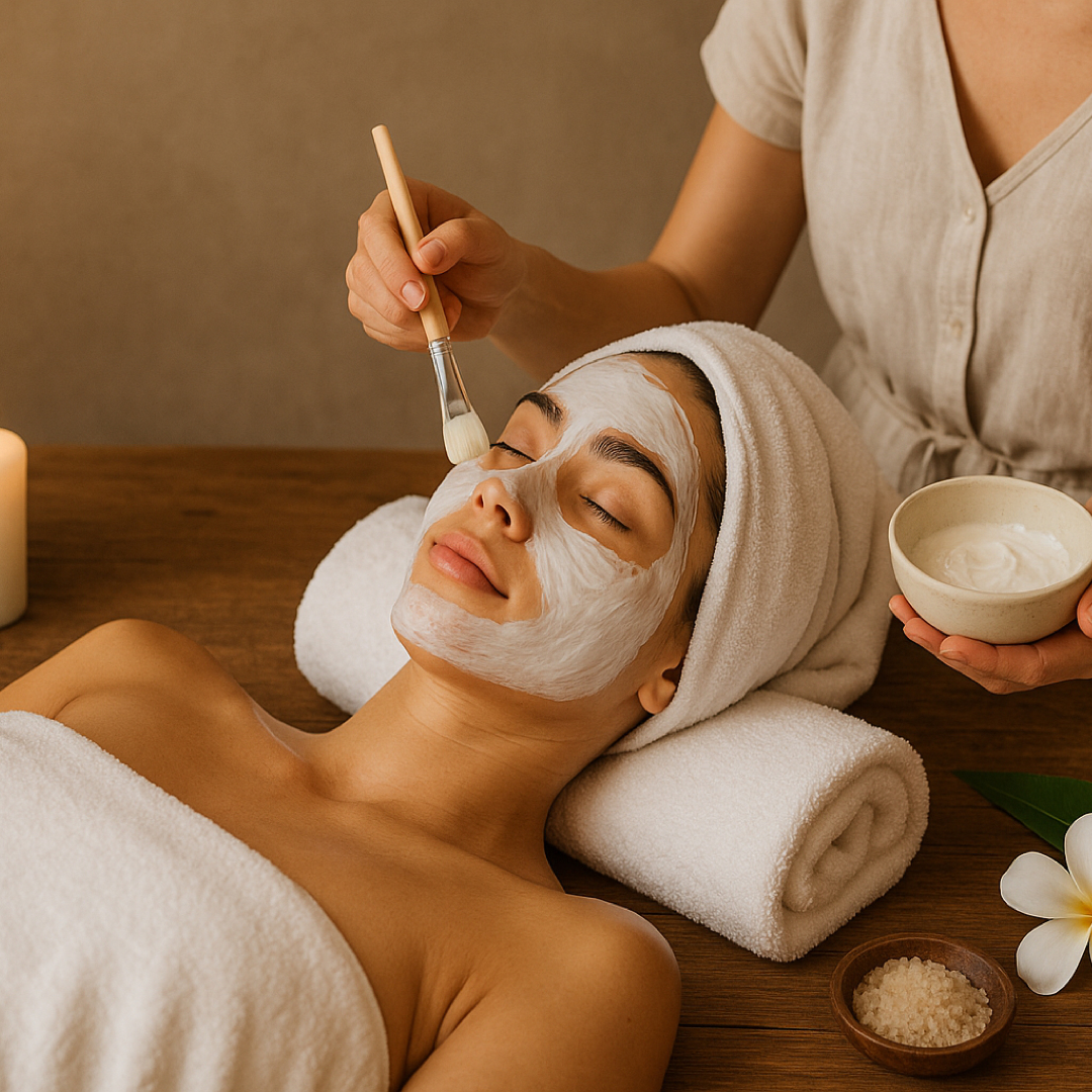 Woman receiving a facial treatment with a towel on her head in a spa setting.