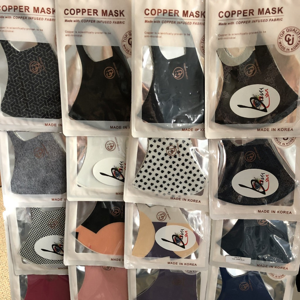  MASK Copper infused fabric Copper is scientifically proven to be anti-microbial Top Quality Uv protection Antibacterial Cooling Reusable, washable Deodorization V fitting Hand wash with warm water & air dry. Do not machine wash.