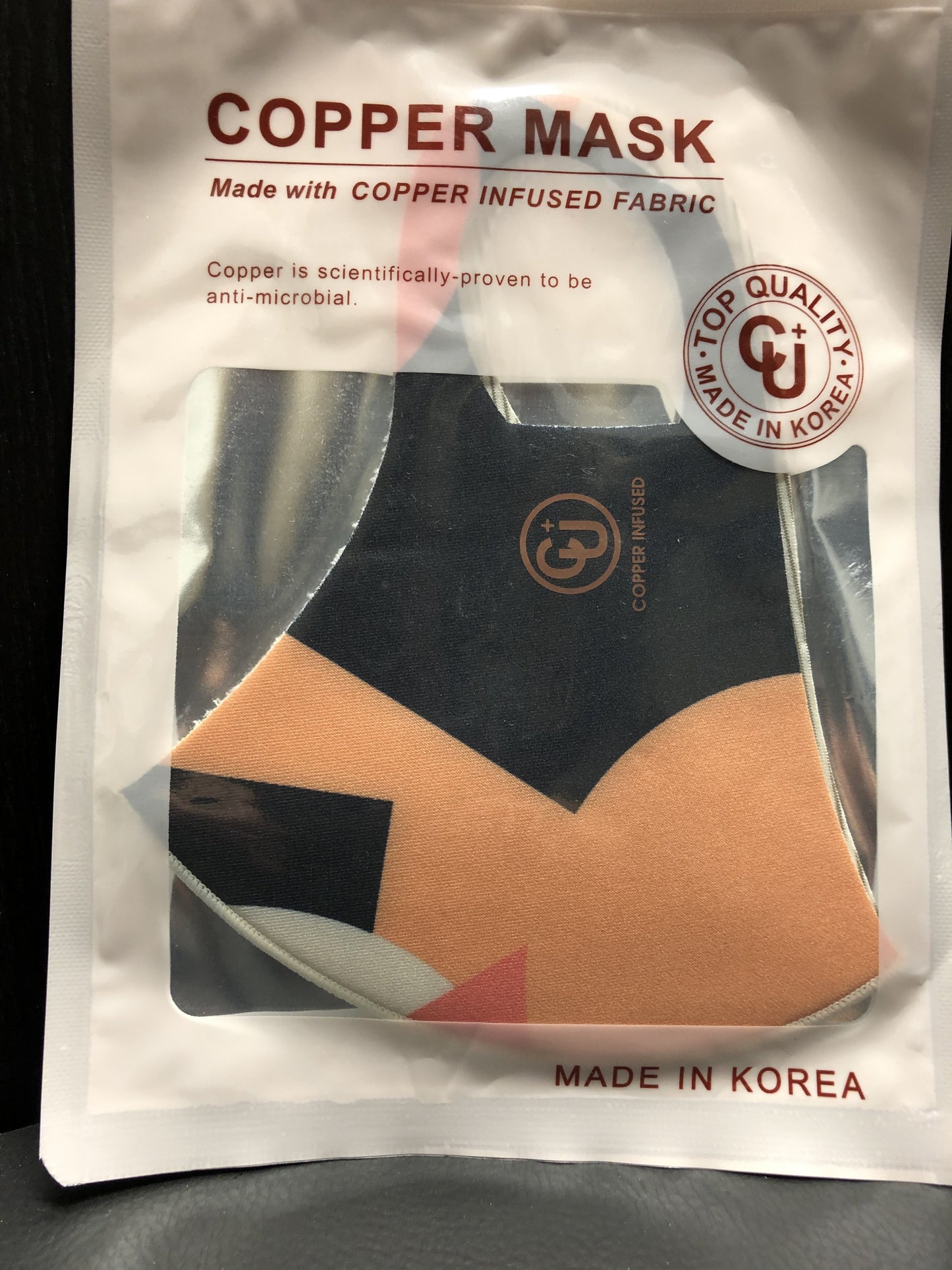 Copper infused fabric Copper is scientifically proven to be anti-microbial Top Quality Uv protection Antibacterial Cooling Reusable, washable Deodorization V fitting Hand wash with warm water & air dry. Do not machine wash.
